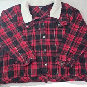 Torrid Shacket Red Black Plaid Heavyweight 100% Cotton Sherpa Trim Chore Jacket